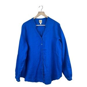 JM COLLECTIOIN Navy blue linen shirt‎ relaxed fit with button-up front size 16